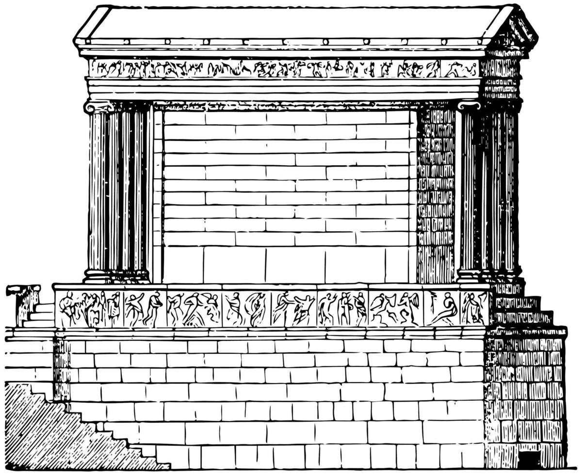 Temple of Nike Apteros, The first public monuments, vintage engraving. vector