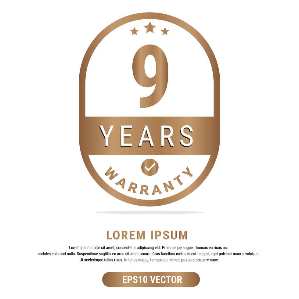 9 Year warranty vector art illustration in emas color with fantastic font and white background. Eps10 Vector