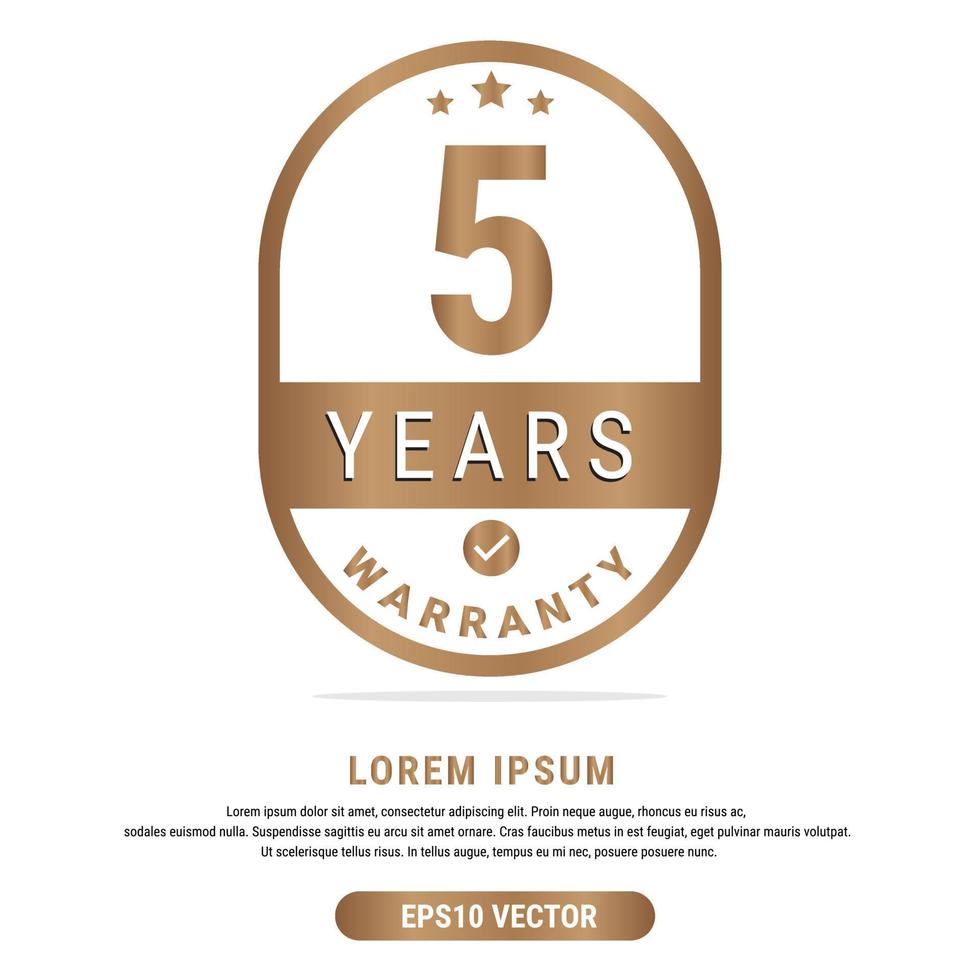 5 Year warranty vector art illustration in emas color with fantastic font and white background. Eps10 Vector