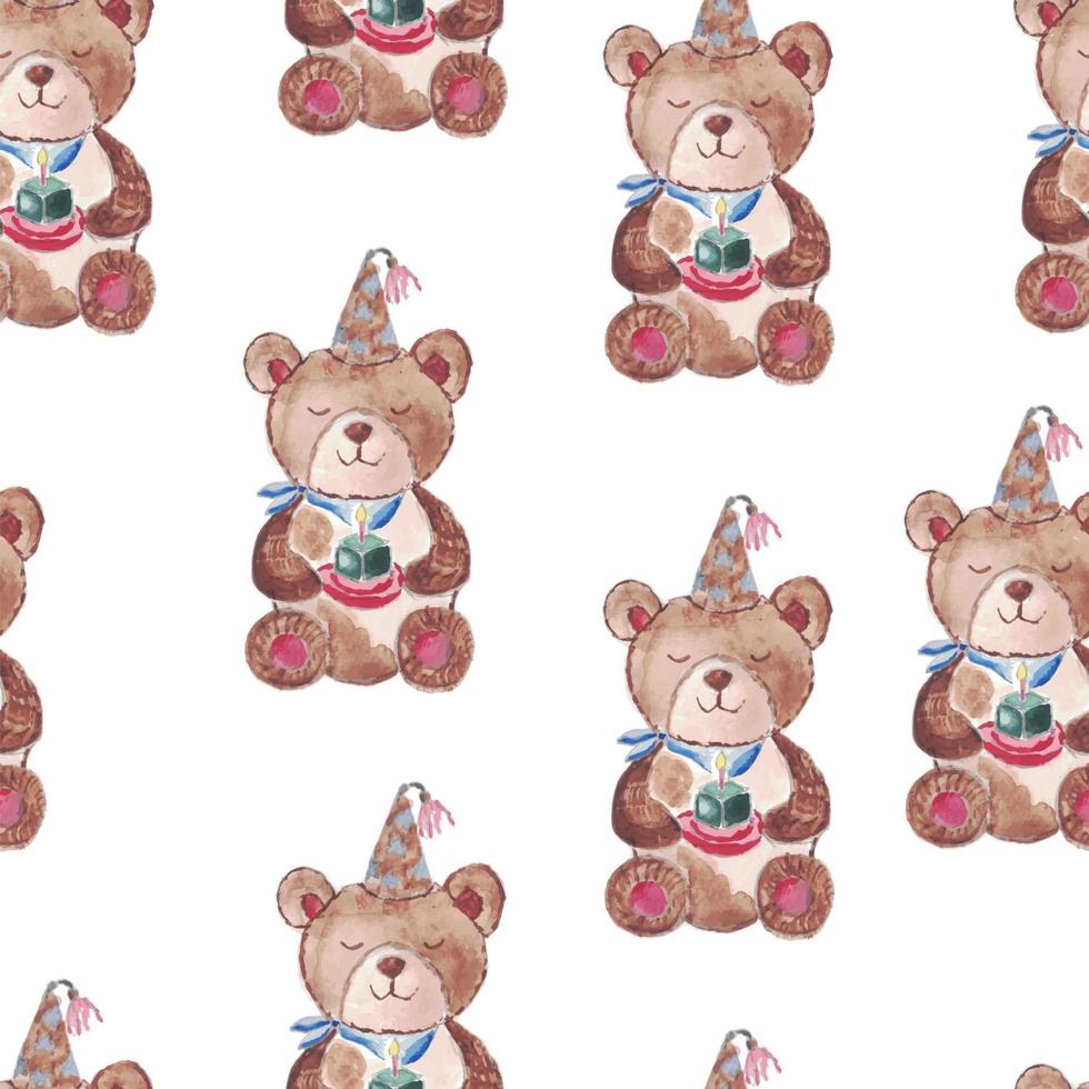 Seamless pattern Festive watercolor bear with a cake vector