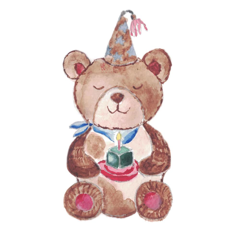 Festive watercolor bear with a cake vector