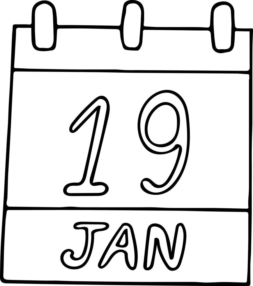 calendario dibujado a mano en estilo garabato. 19 de enero. día mundial de la nieve, religión, fecha. icono, elemento adhesivo para el diseño. planificación, vacaciones de negocios vector