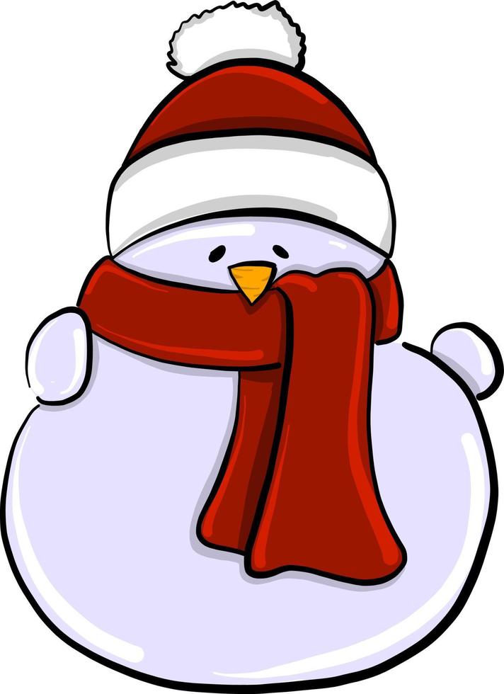 Snowman with red scarf, illustration, vector on white background