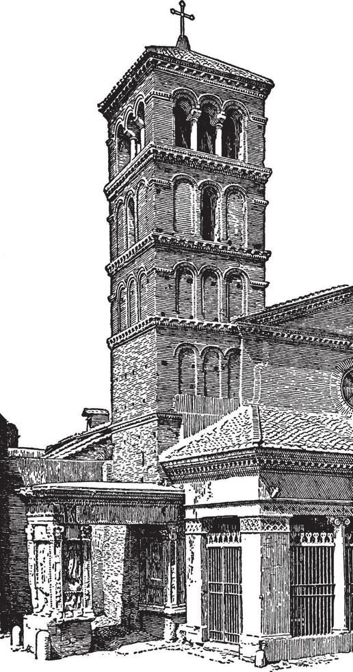 Bell Tower refer to a free standing bell tower, heard at a distance,  vintage engraving. vector