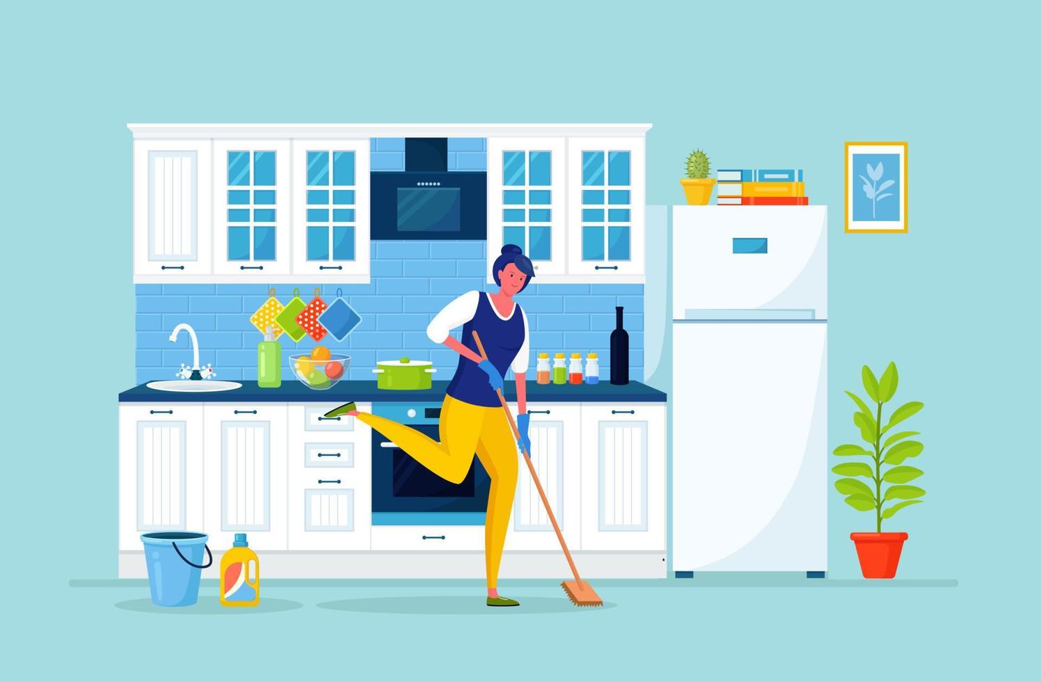 Woman in gloves washing floor in kitchen. Girl using mop, detergent to clean housework. Housewife doing chores vector