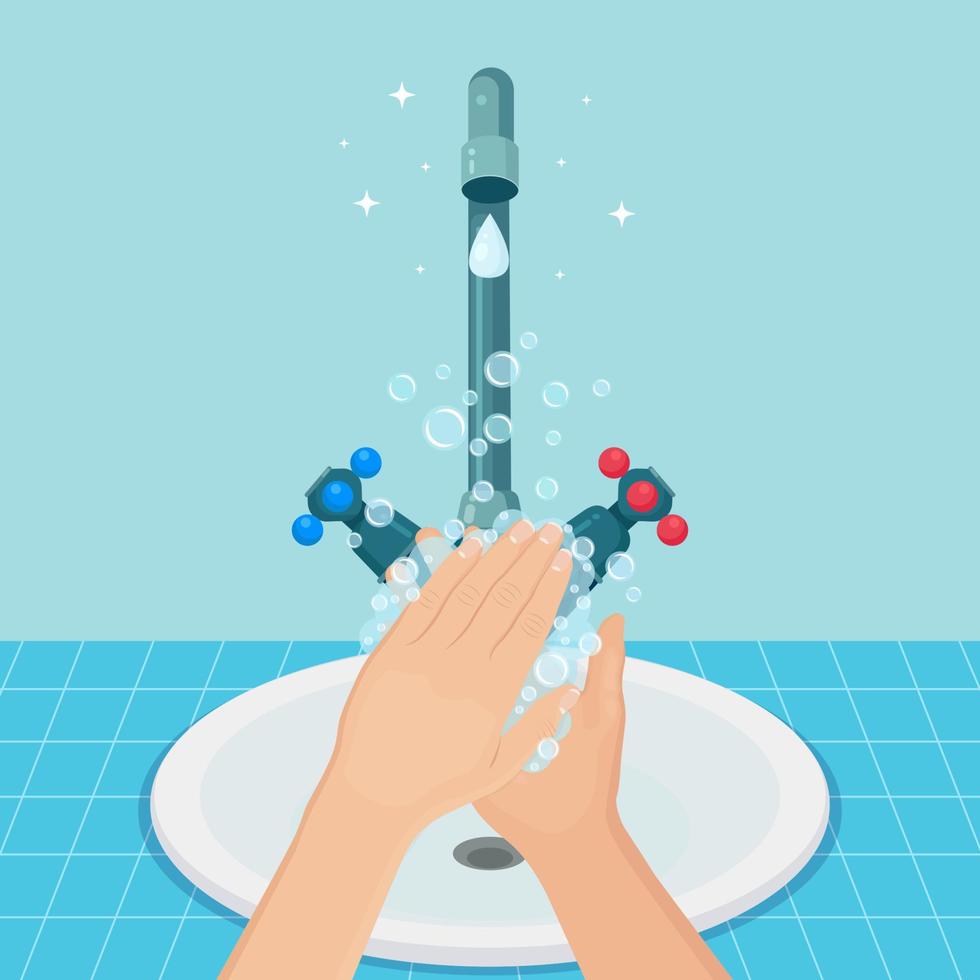 Washing hands with soap foam, gel bubbles. Water tap, faucet leak. Personal hygiene, daily routine vector