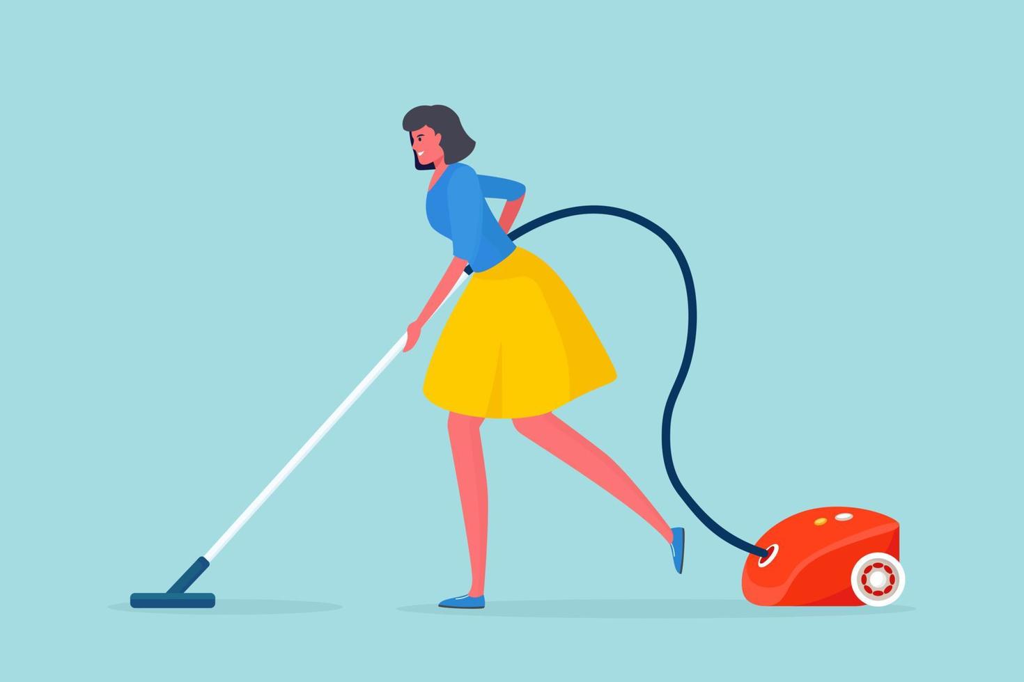 mujer limpiando piso con aspiradora. ama de casa o criada haciendo tareas domésticas vector
