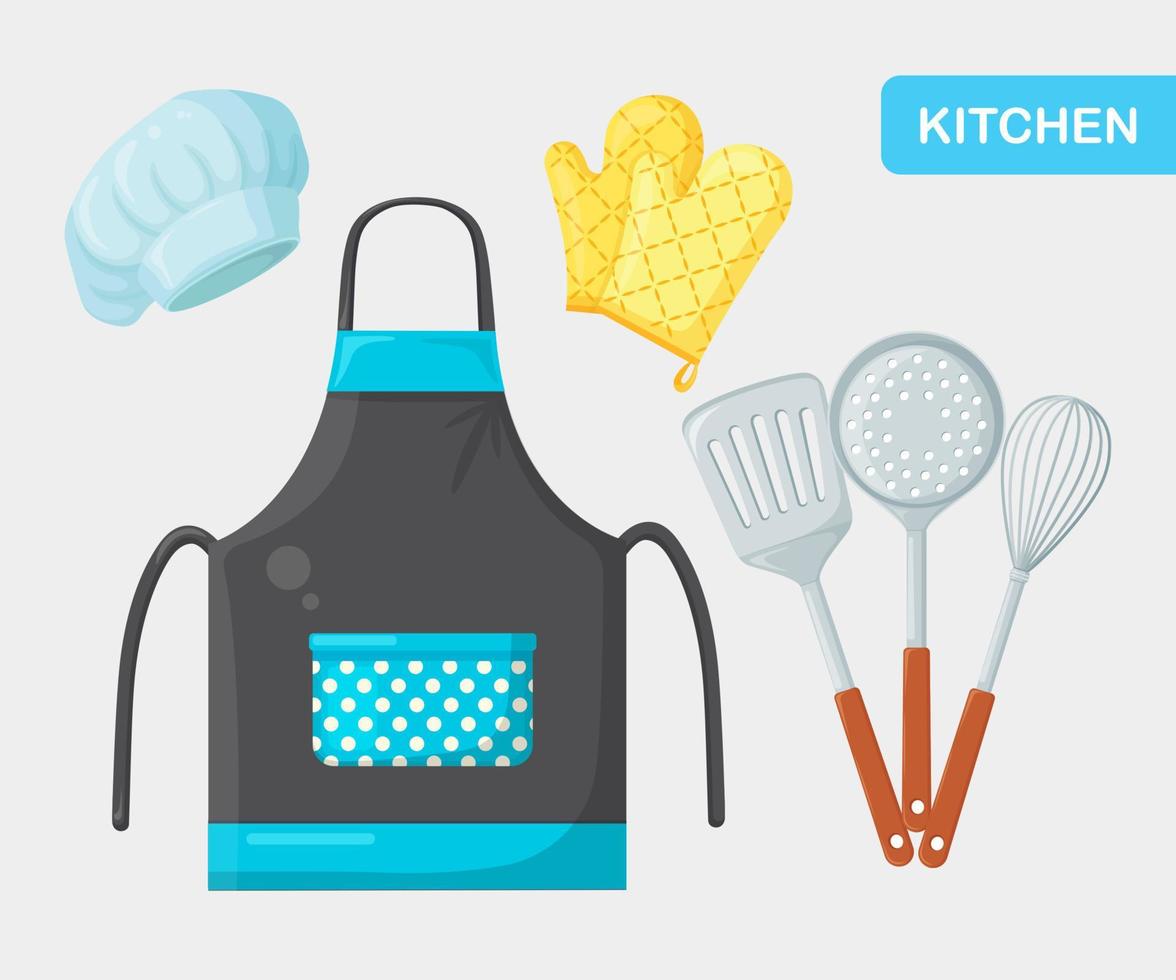 delantal de cocina, electrodomésticos, cucharón, espátula, gorro de cocinero, guantes de cocina. suministros de restaurante vector