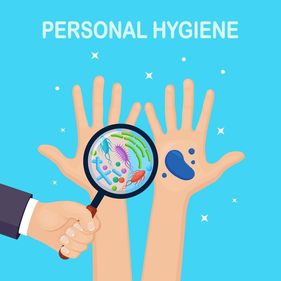 Hands with bacteria, microbes, virus, germs and magnifying glasses. Personal hygiene. Vector flat design