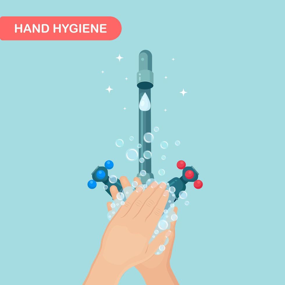 Washing hands with soap foam, gel bubbles. Water tap, faucet leak. Personal hygiene, daily routine vector
