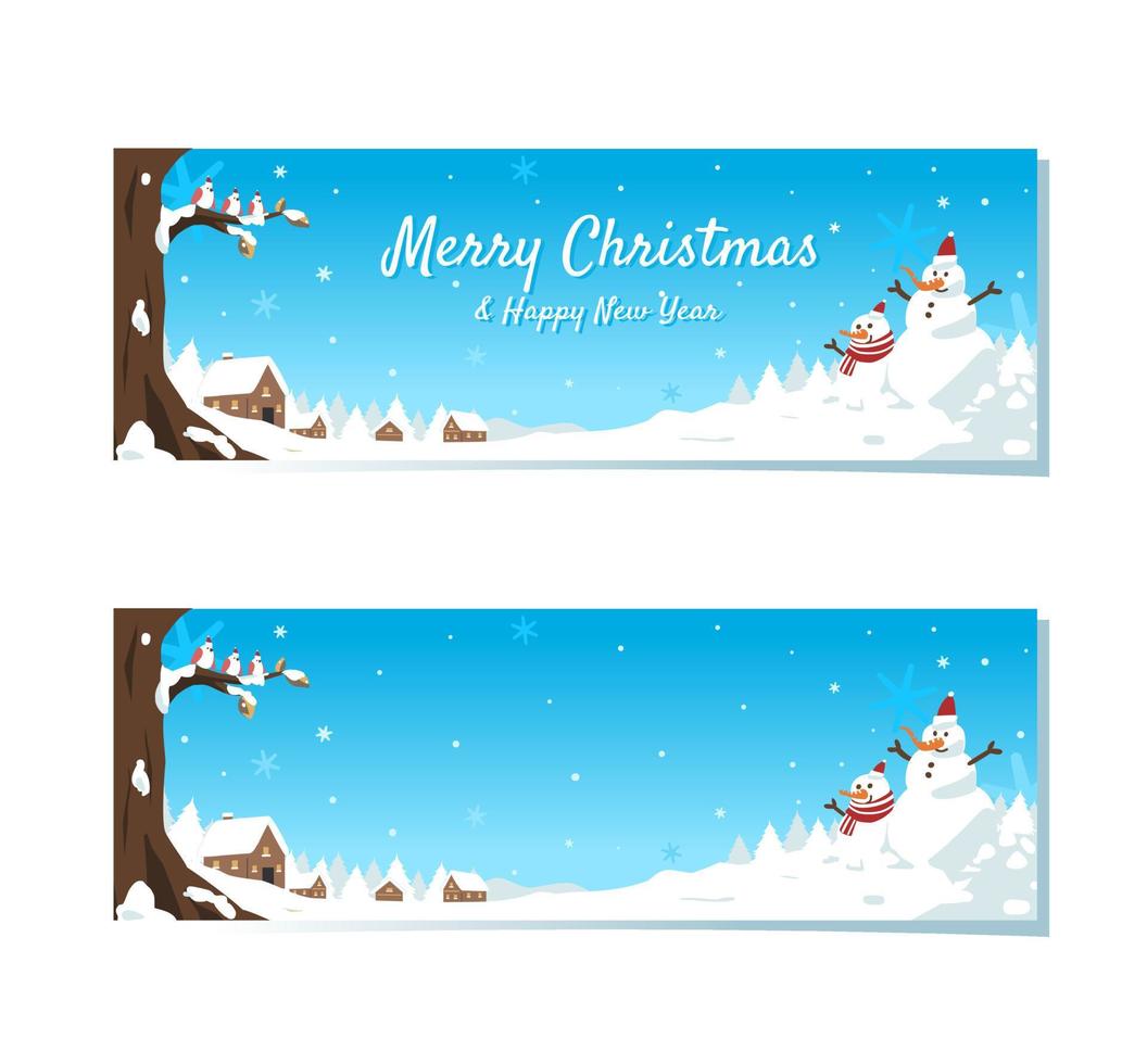 Cute Christmas background banner with snowman smiling happily outside and tiny houses covered with snow vector illustration. Merry Christmas and happy new year greeting card, banner, poster.