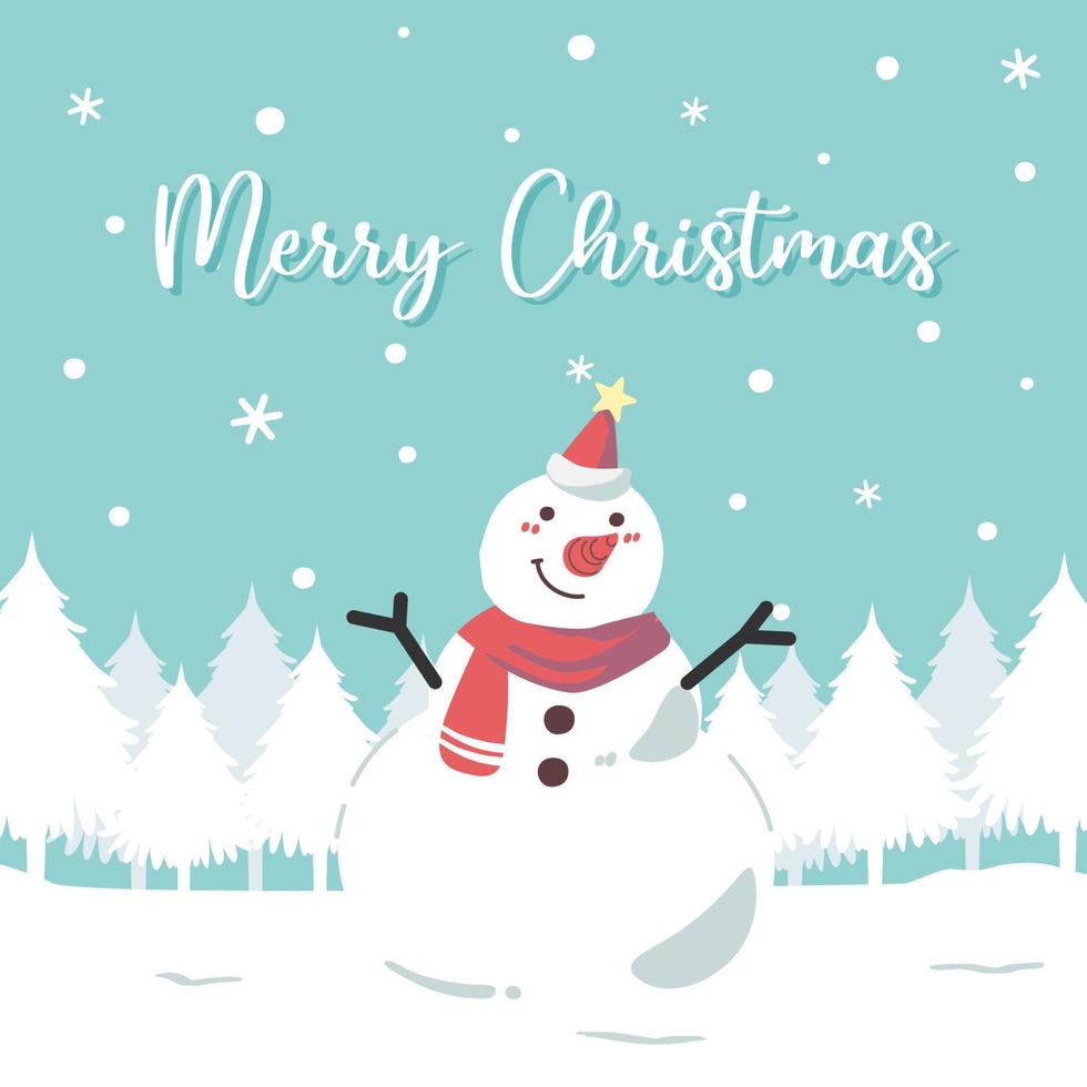 Cute Christmas card with snowman smiling happily in the forest covered with snow vector illustration. Merry Christmas and happy new year greeting card, banner, poster.