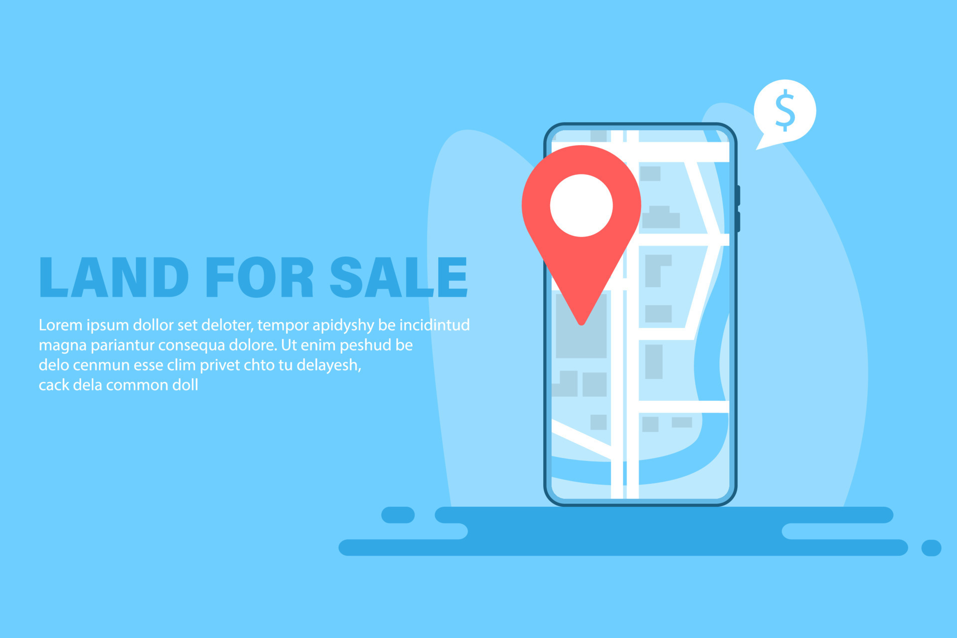 Land for sale banner. Phone with location on map and point 13782664