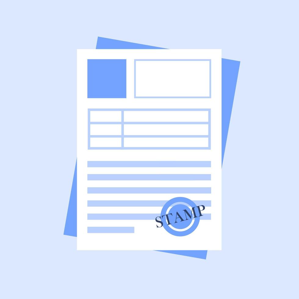 Document icon with stamp in blue style. vector