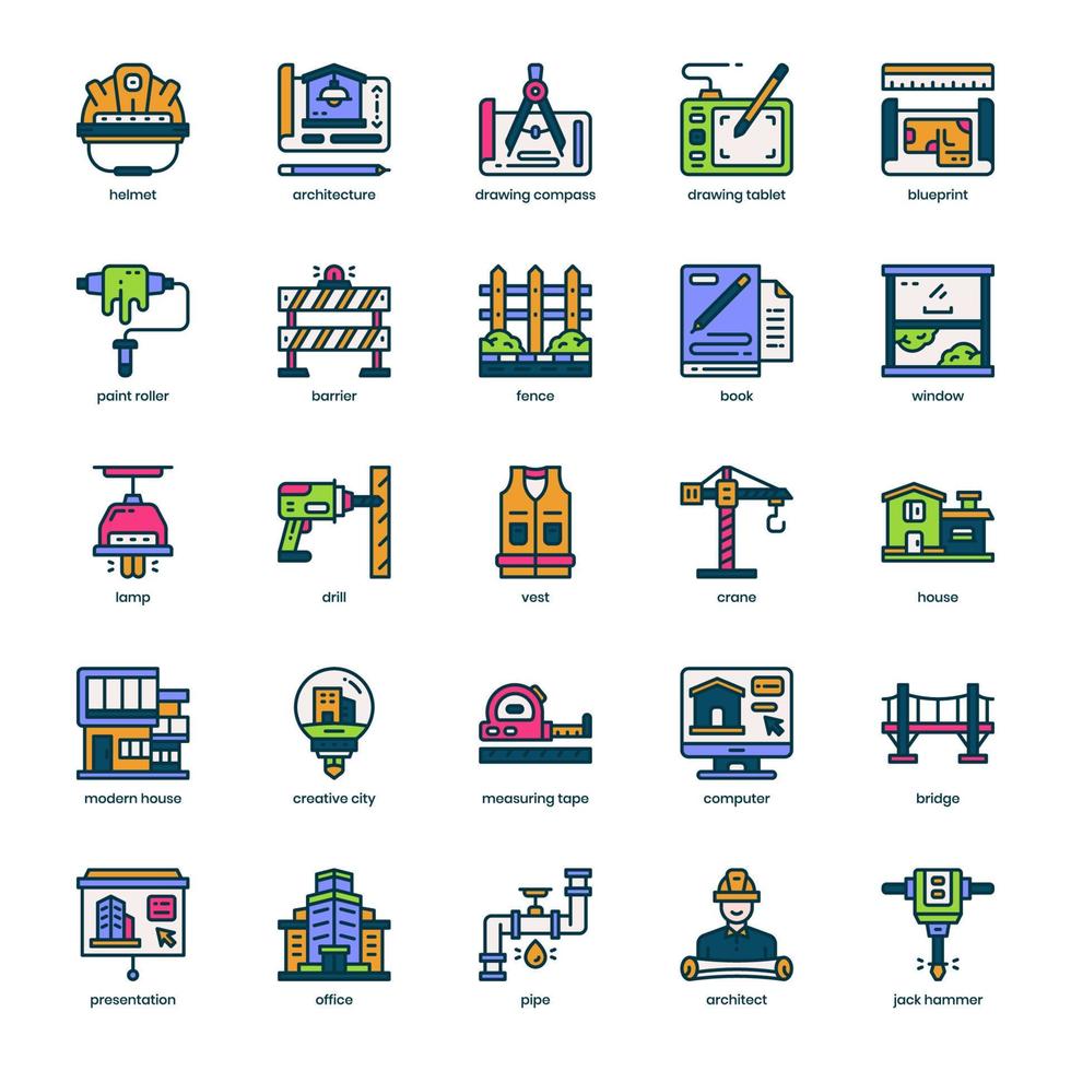 paquete de iconos de arquitectura para el diseño de su sitio web, logotipo, aplicación e interfaz de usuario. diseño de color lleno de iconos de arquitectura. ilustración de gráficos vectoriales y trazo editable. vector