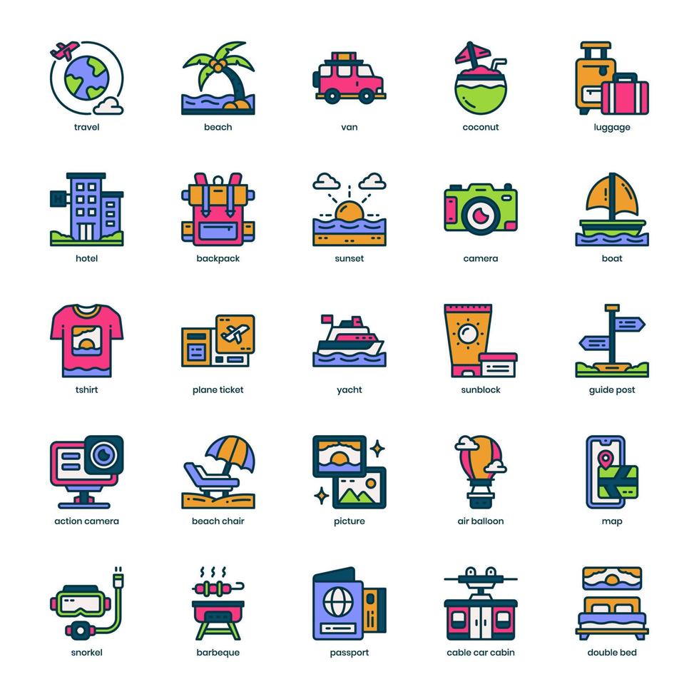 Holiday and Travel icon pack for your website design, logo, app, and user interface. Holiday and Travel icon filled color design. Vector graphics illustration and editable stroke.