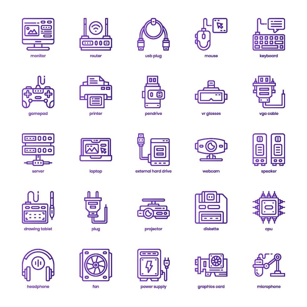 Computer Hardware icon pack for your website design, logo, app, and user interface. Computer Hardware icon basic line gradient design. Vector graphics illustration and editable stroke.