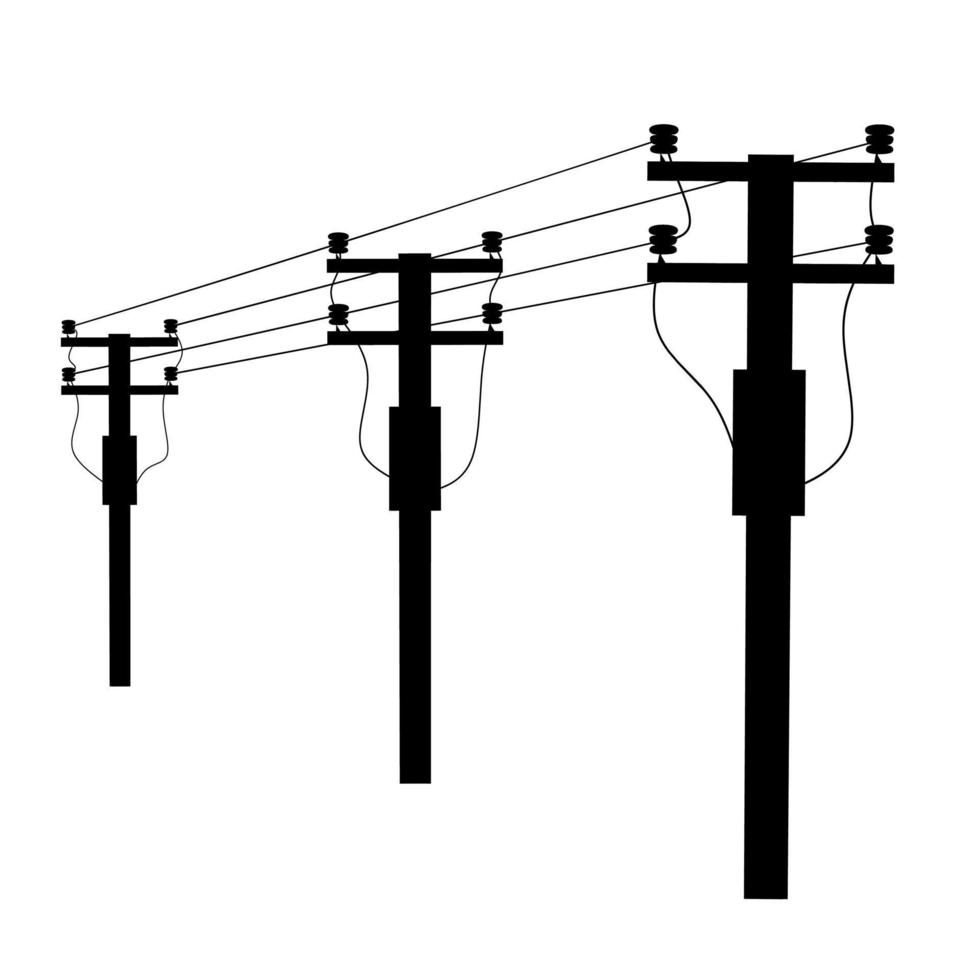 Rows of electric poles on the side of the road. Pillars of high voltage lines on a white background. Great for electric shock hazard logos. Vector illustration