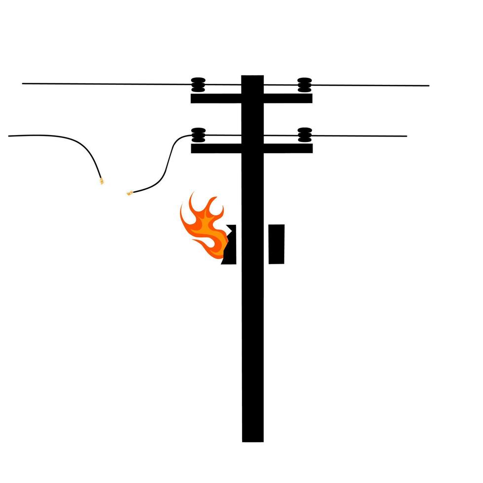 Vector of broken electric pole with spark and stun. A broken cable triggers a fire. Isolated on a white background. Great for electric shock hazard logos.