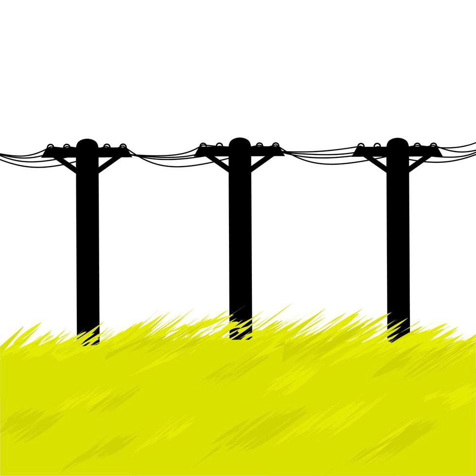 Vector row of power poles with dry grass. The power supply line is installed on the hill. Isolated on a white background. Great for logos about the supplying power industry.