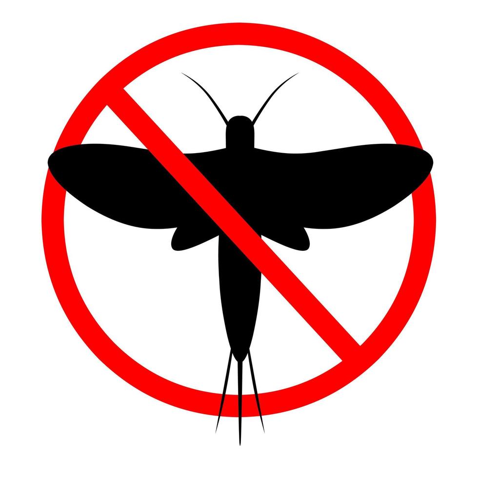 signo de prohibición, peligro, no toque mayfly sobre un fondo blanco. círculo rojo redondo. perfecto para logotipos y carteles de animales peligrosos. silueta vector