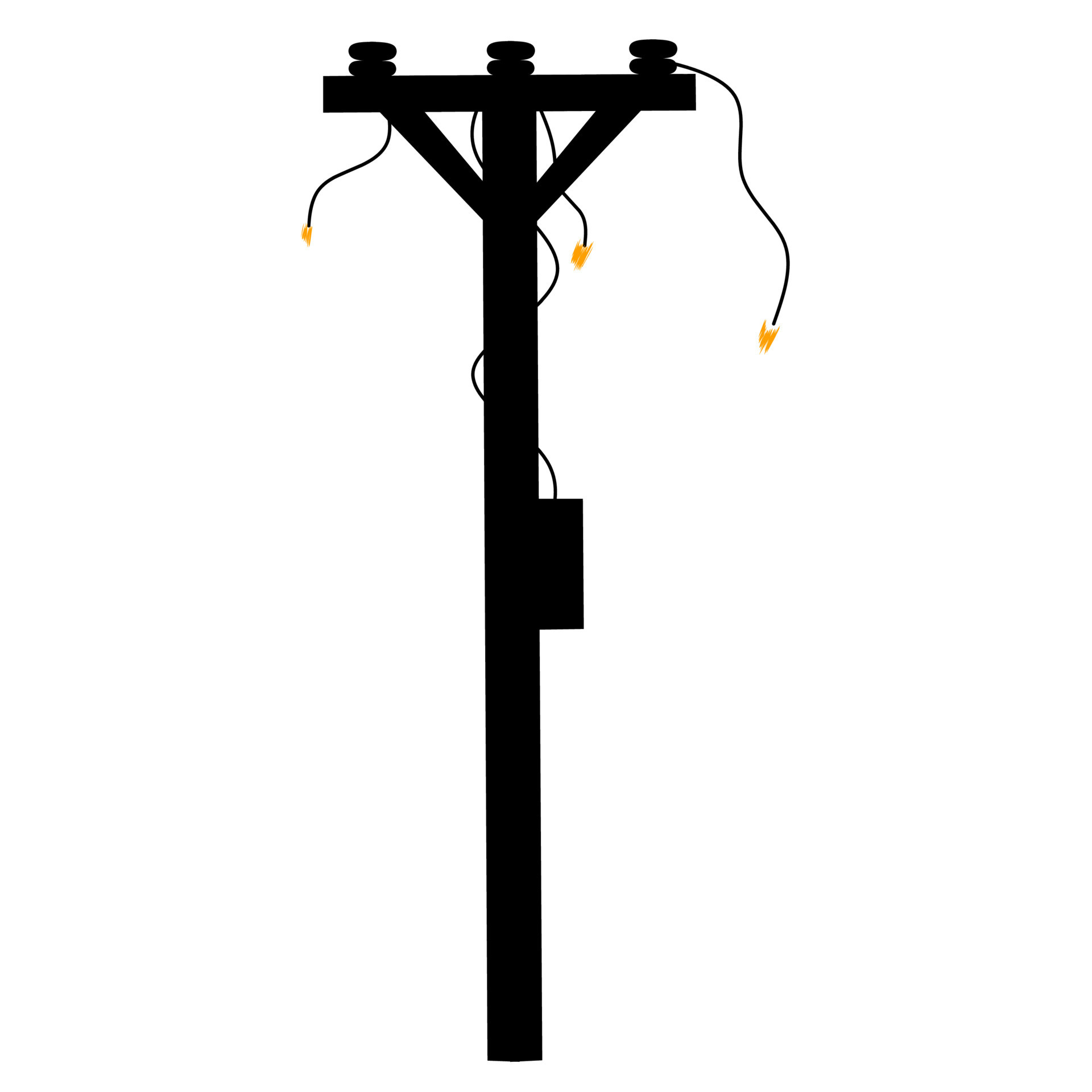 Vector illustration of a broken power pole. The power line cable broke with a spark. Isolated on