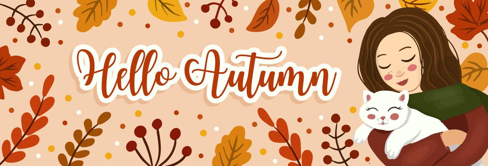 Hello autumn vector banner. Cute girl hugs white kitten, cozy autumn concept