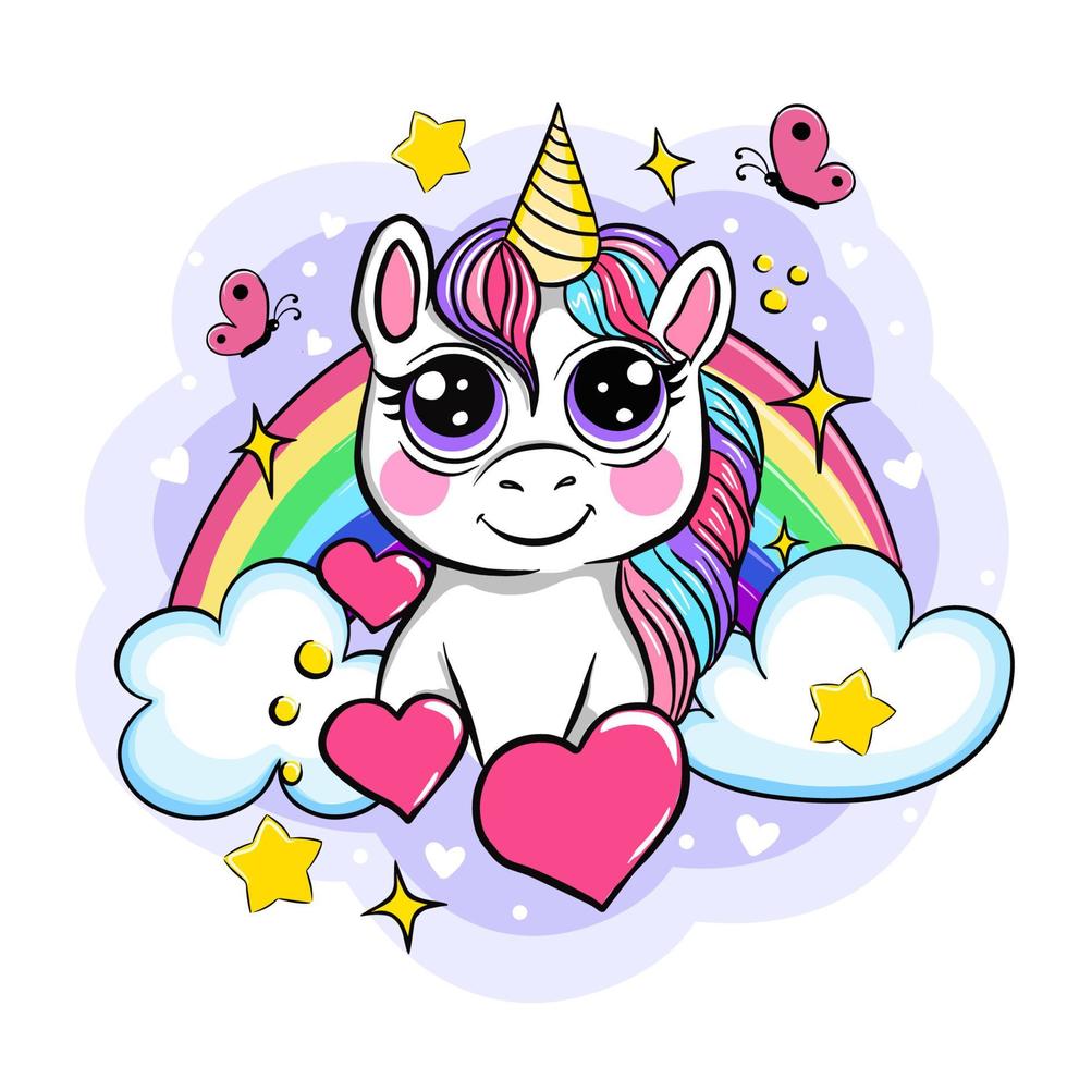 hermoso unicornio en el fondo del arco iris, ilustración vectorial vector