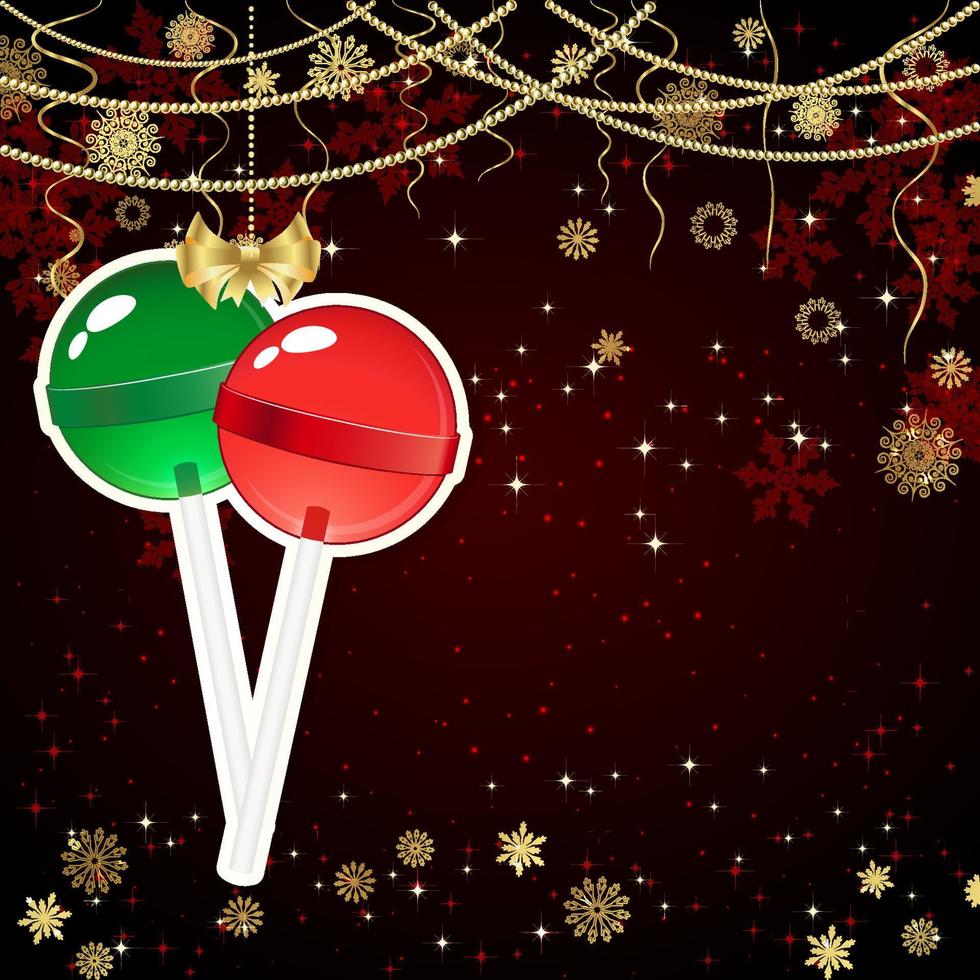 tarjeta de navidad vectorial con decoración navideña, copos de nieve sobre un fondo dorado y rojo. vector