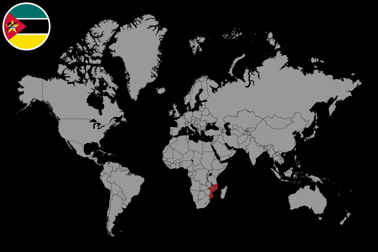 pin mapa con bandera de mozambique en el mapa mundial. ilustración vectorial vector