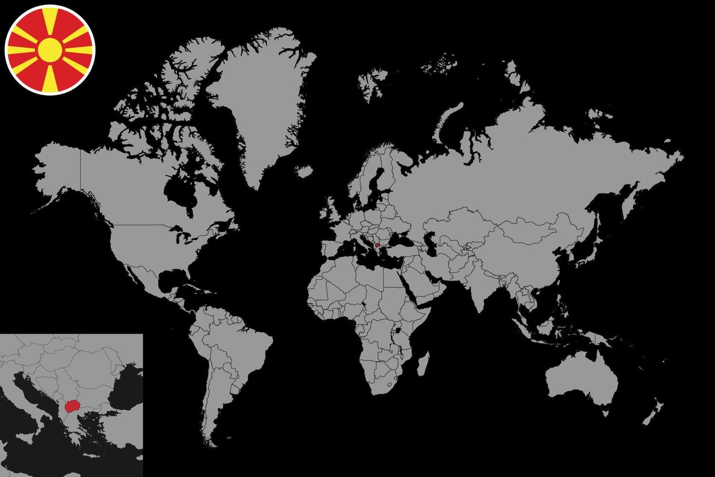 Pin map with North Macedonia flag on world map. Vector illustration.