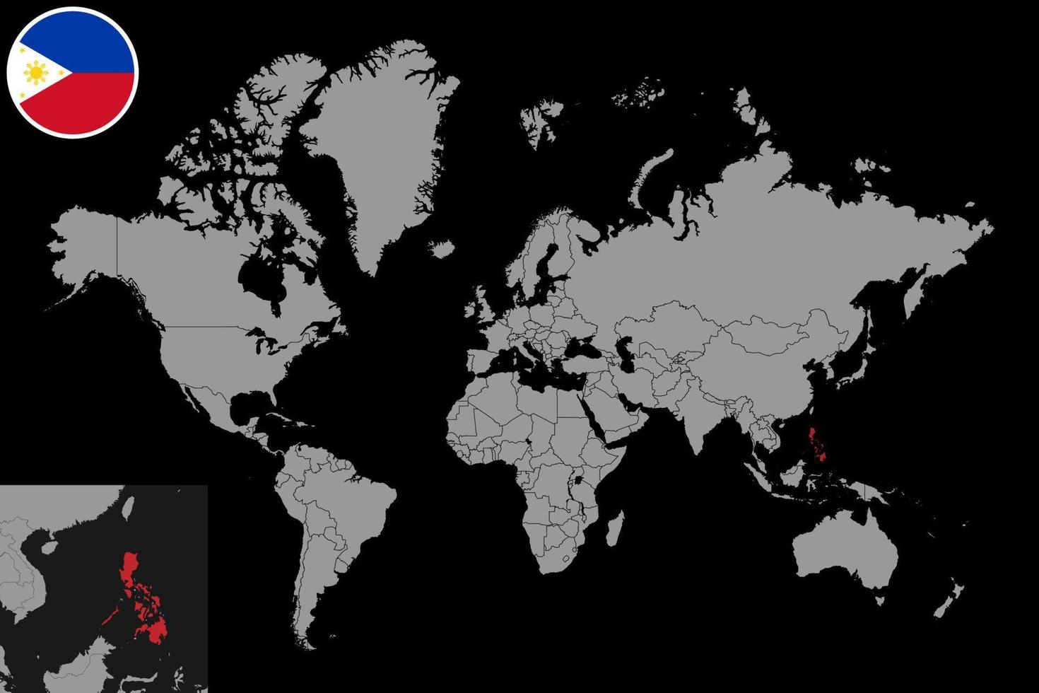 Pin map with Philippines flag on world map. Vector illustration.