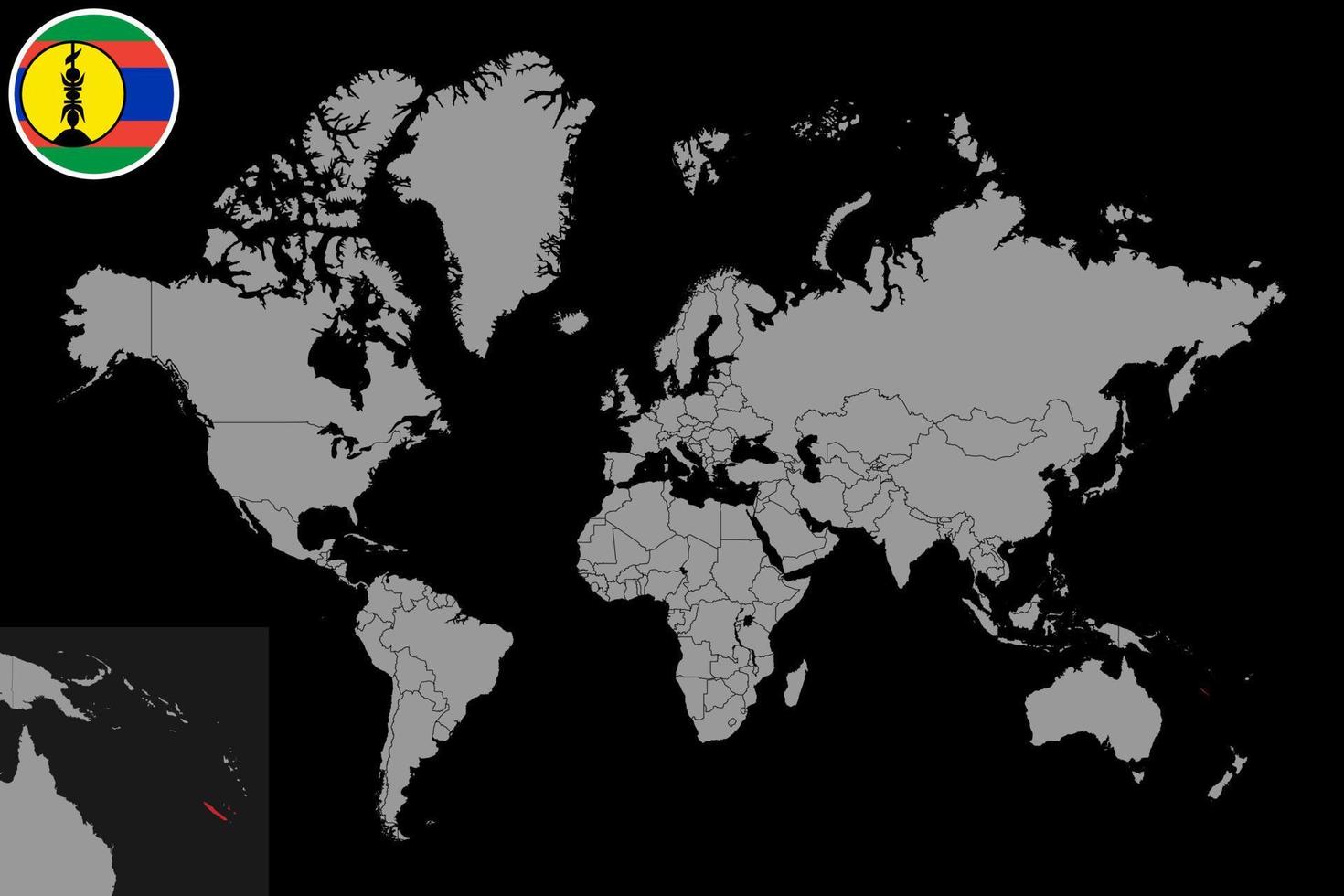 Pin map with New Caledonia flag on world map. Vector illustration.