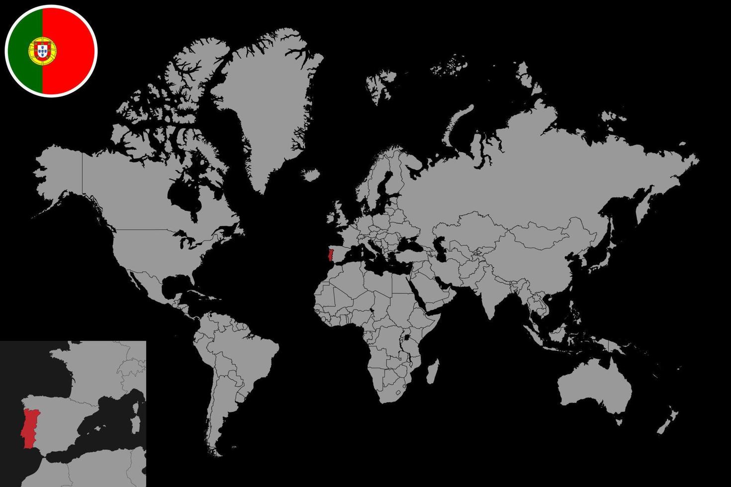 Portugal Map on a World Map with Flag and Map Pointer. Vector