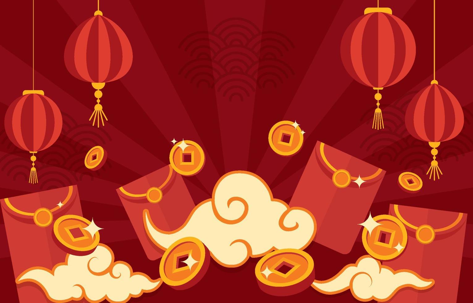 Flat Deep Red Chinese New Year with Lucky Money and Envelope vector