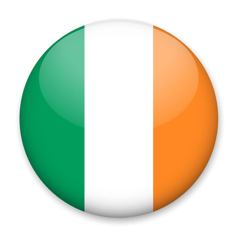 Flag of Ireland in the form of a round button with a light glare and a shadow. The symbol of Independence Day, a souvenir, a button for switching the language on the site, an icon. vector