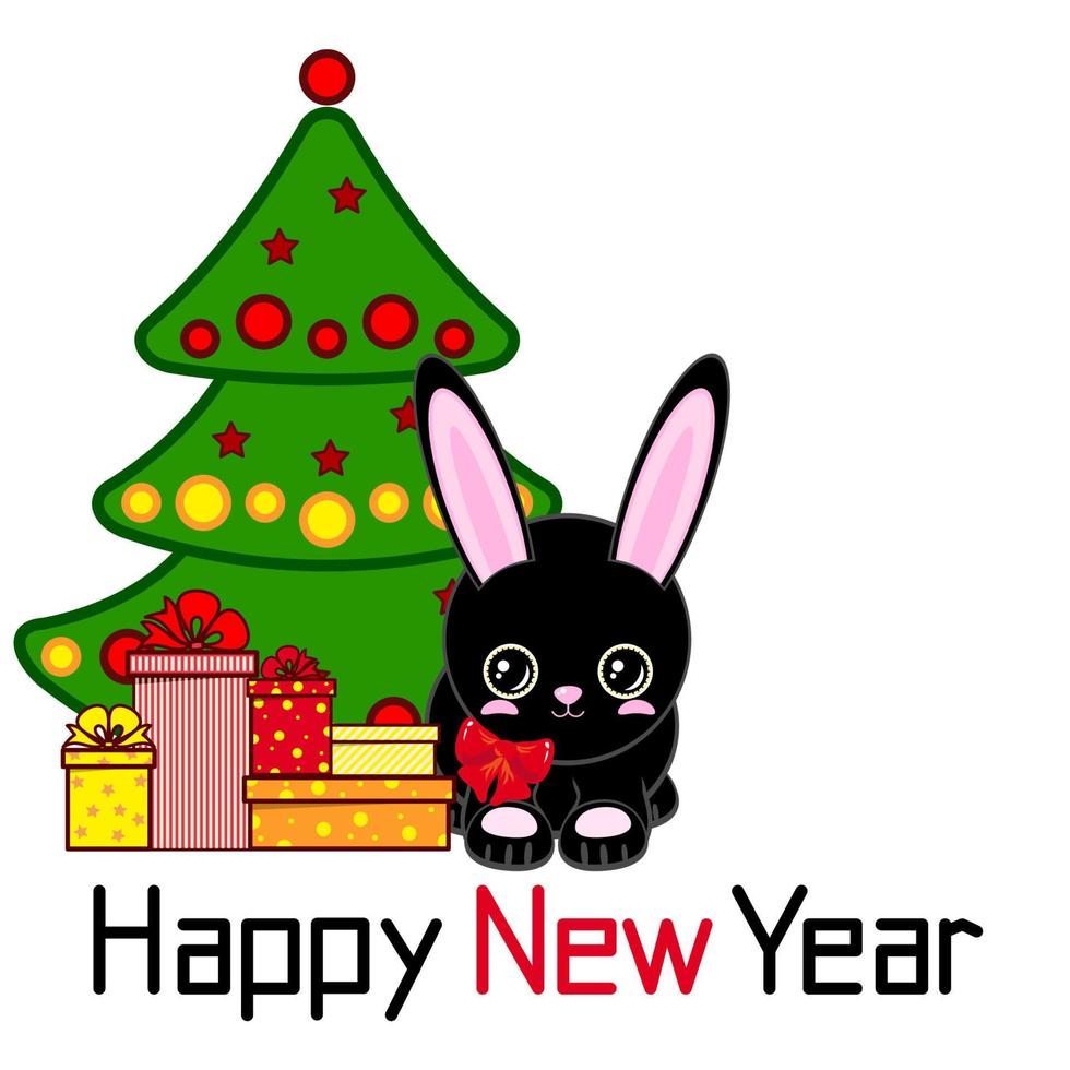 Happy New Year, A cute black rabbit near a decorated Christmas tree with gifts. Chinese New Year vector