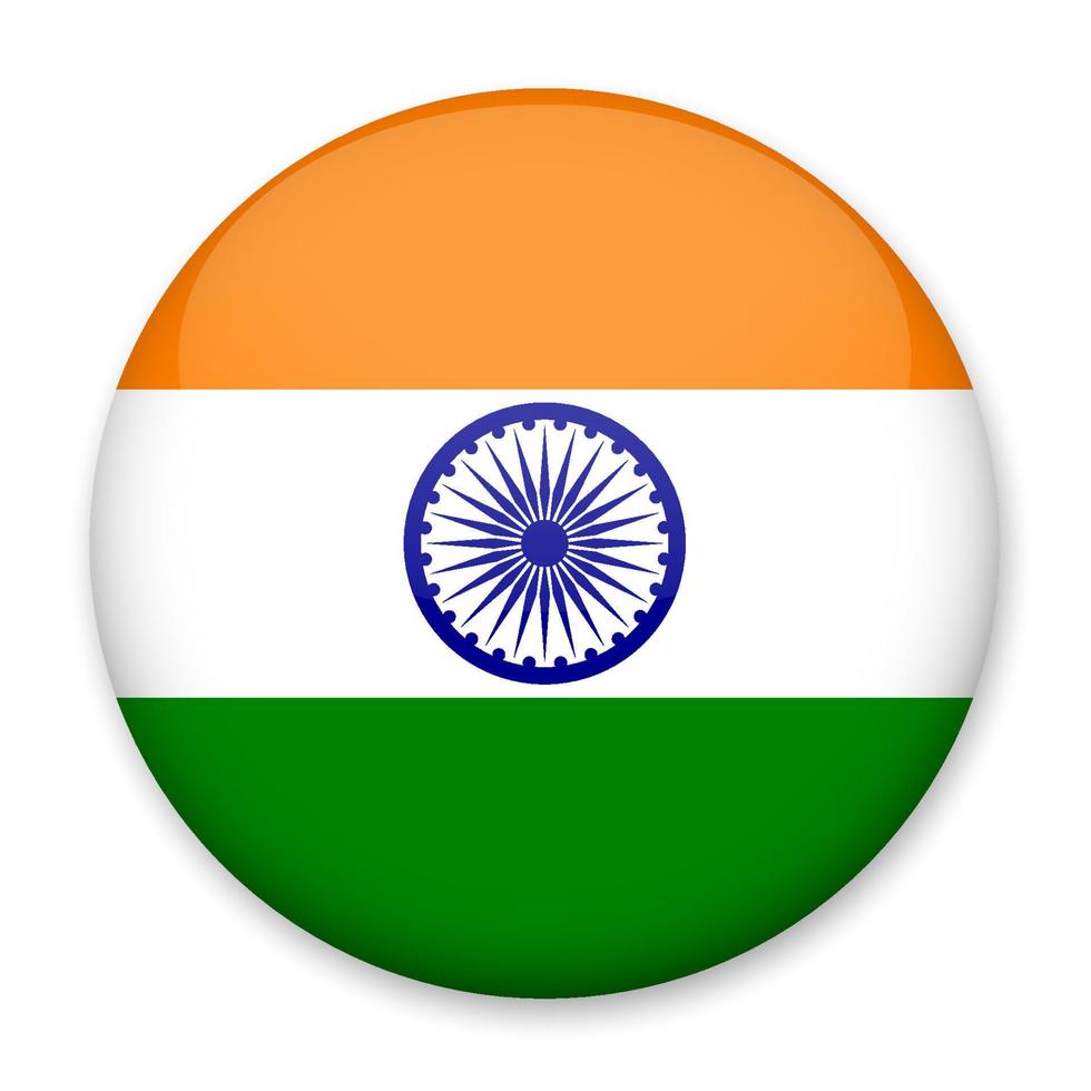 Flag of India in the form of a round button with a light glare and a shadow. The symbol of Independence Day, a souvenir, a button for switching the language on the site, an icon. vector