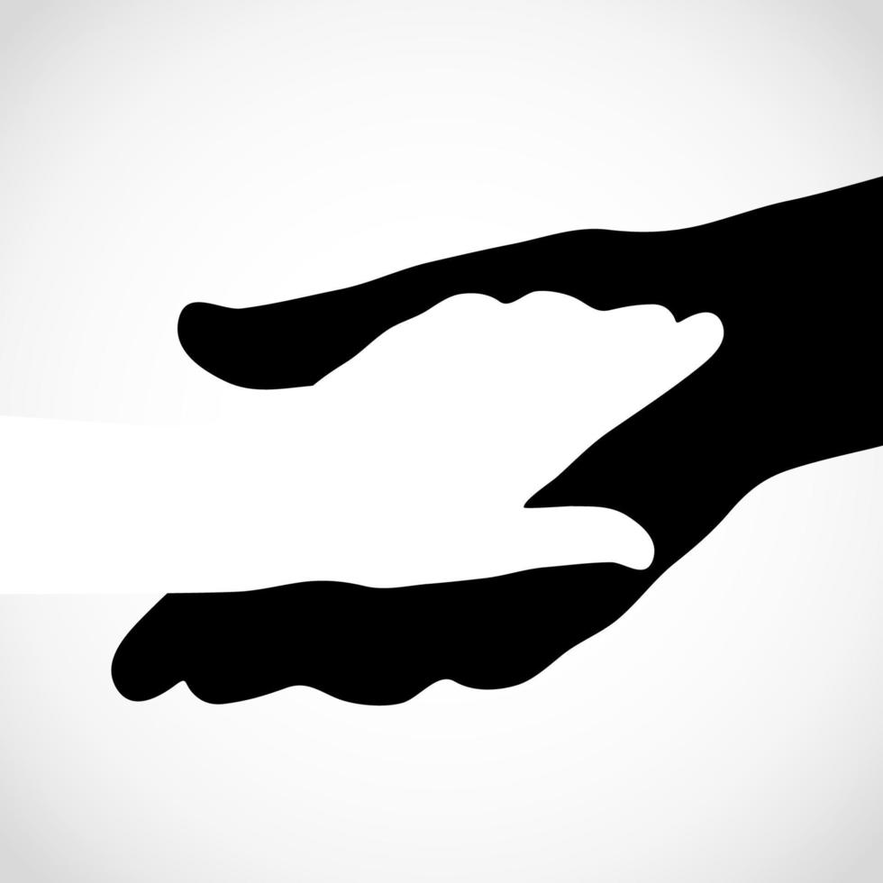 Black color big hand and white small hand vector concept. Help symbol hands vector support emblem. Vector hands icon illustration. Education, health care, medical, design element.