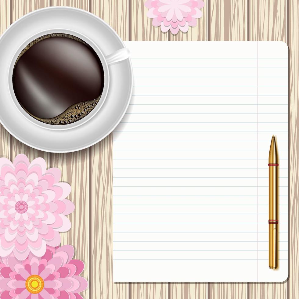 Cup of coffee, flowers, pen and paper on a wooden table. Greeting floral card. Vector flat lay design.