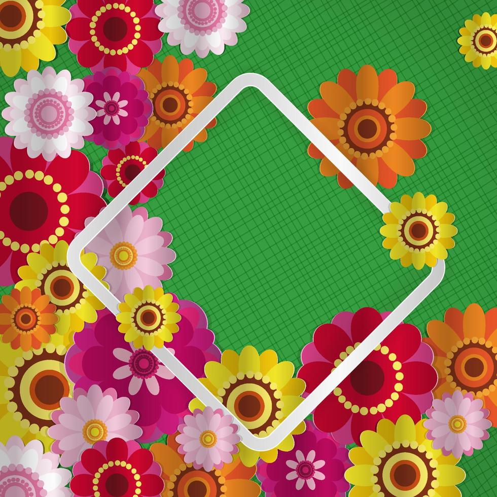 fondo floral de felicitación de primavera. flores de papel festivas en un marco de luz cuadrado. fondo verde sombreado. tarjeta de felicitación vectorial con vacaciones el 8 de marzo, día de la madre, cumpleaños. vector