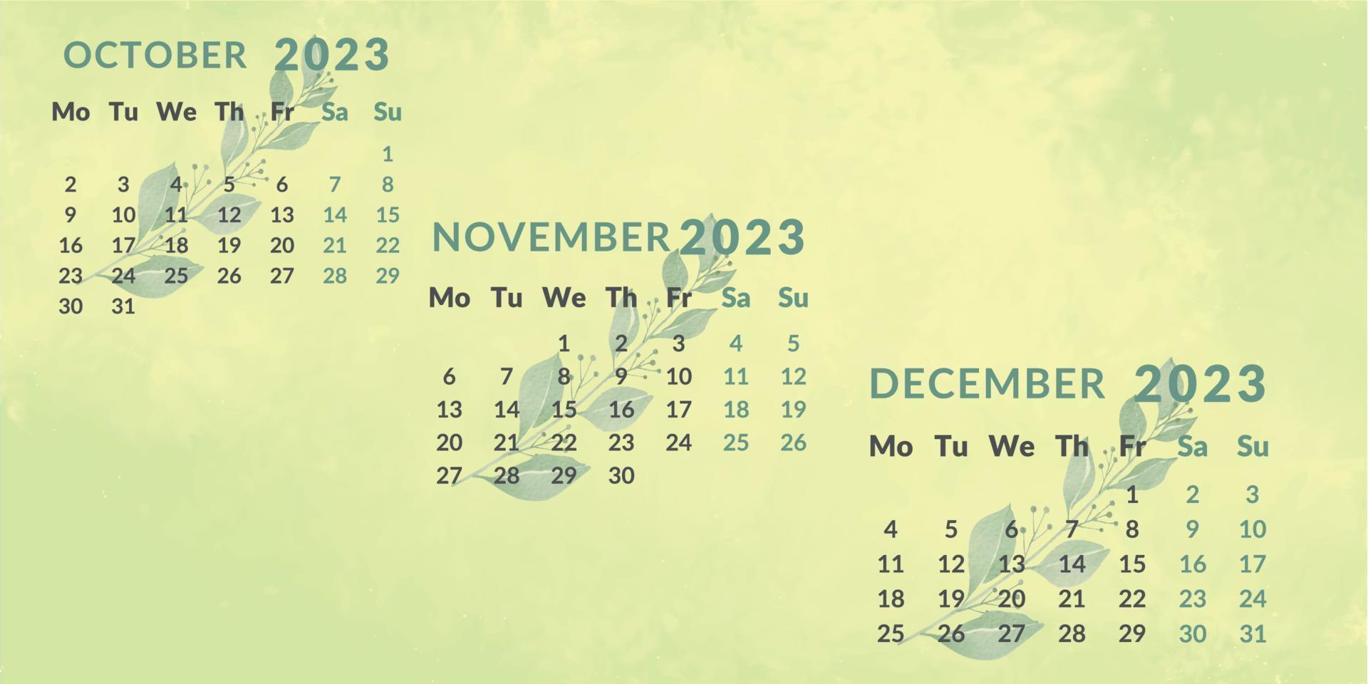 calendario 2023 por trimestre.meses octubre noviembre diciembre.la semana comienza el lunes. vector