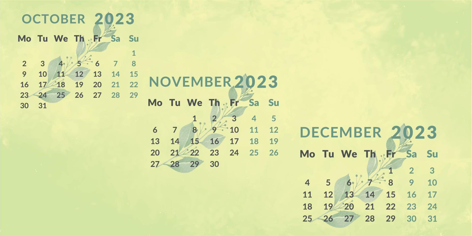 calendario 2023 por trimestre.meses octubre noviembre diciembre.la