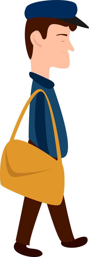 Cartero con bolsa amarilla, ilustración, vector sobre fondo blanco.