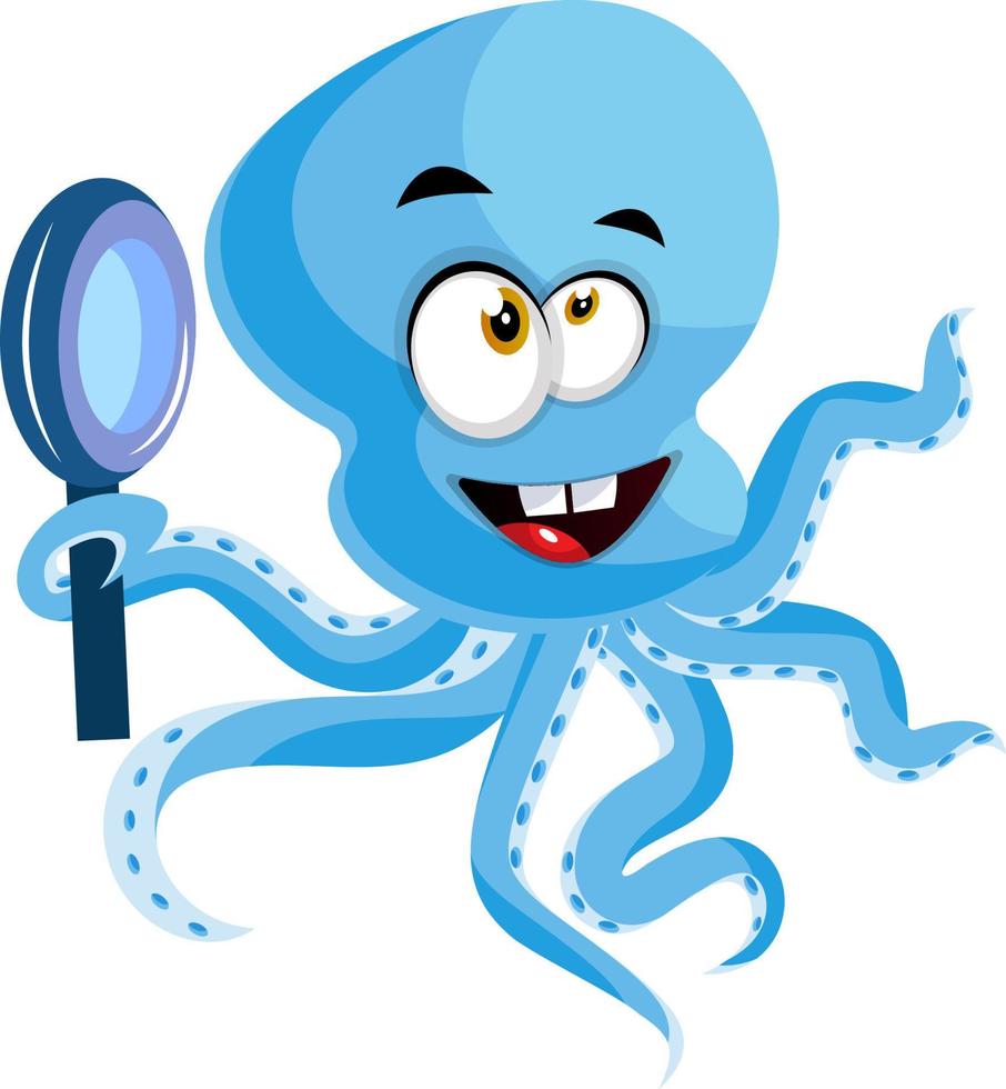 Octopus with magnifying glass, illustration, vector on white background.