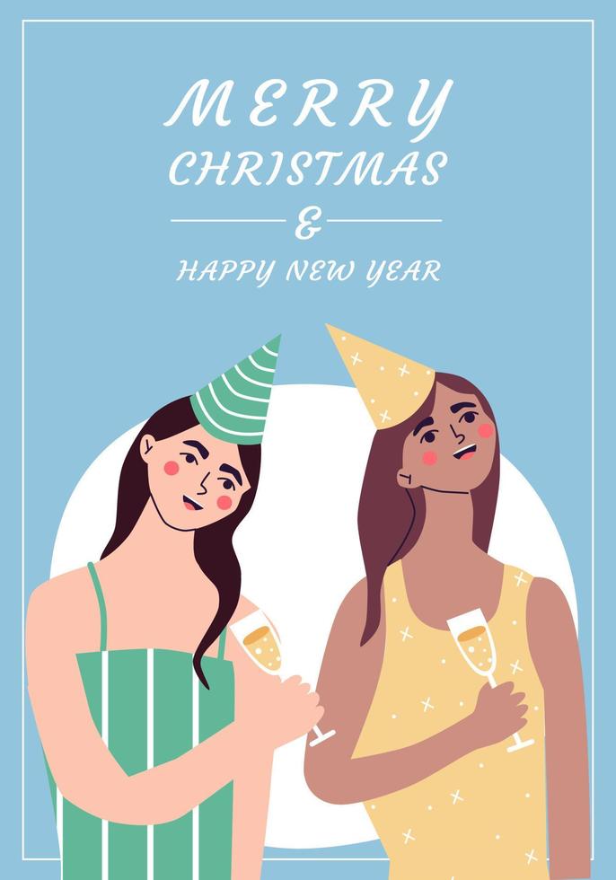 Merry Christmas and Happy New Year card. Friends celebrating winter season holidays. joyful, happy young womans. enjoying at party. vector