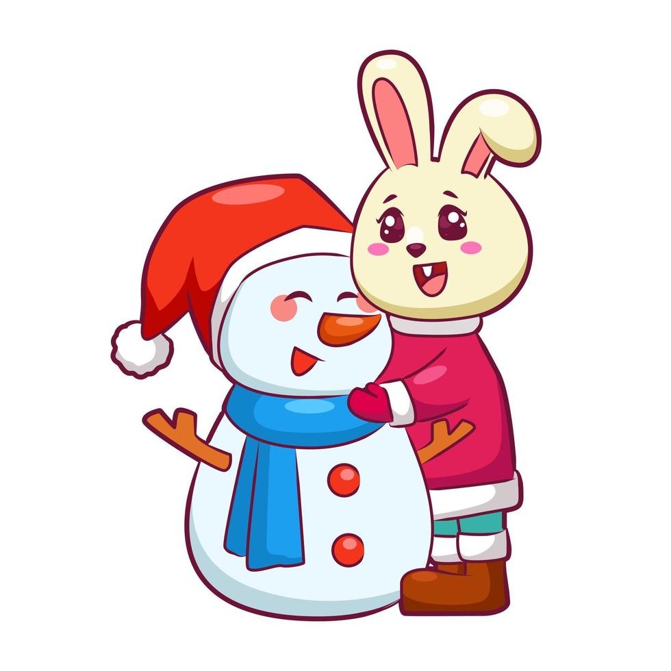 Bunny and snowman character cartoon in winter season vector