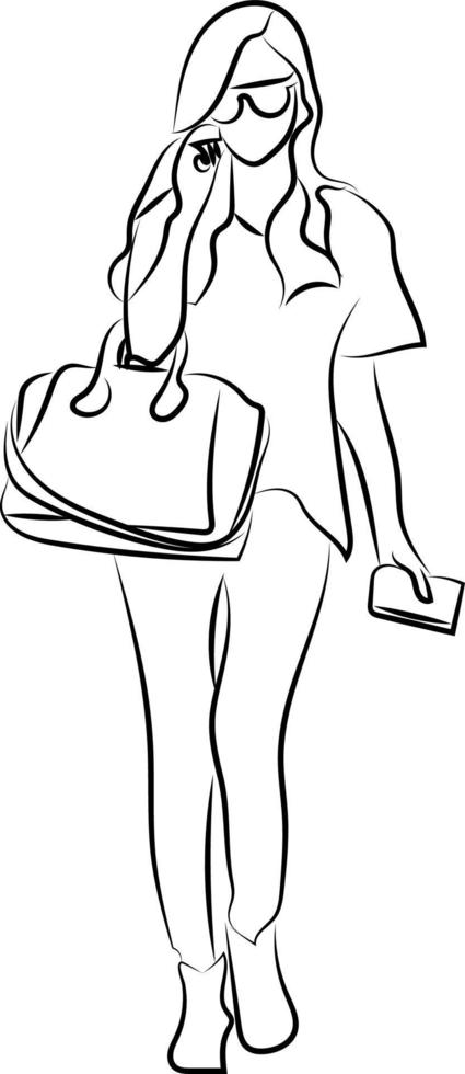 chica con teléfono y bolsa, ilustración, vector sobre fondo blanco.