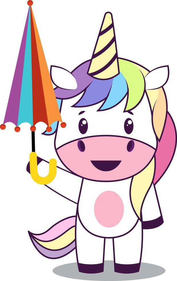 Unicornio con sombrilla, ilustración, vector sobre fondo blanco.