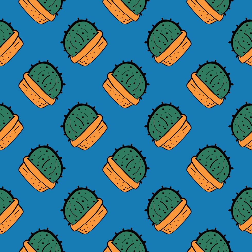 Cactus in a pot ,seamless pattern on blue background. vector